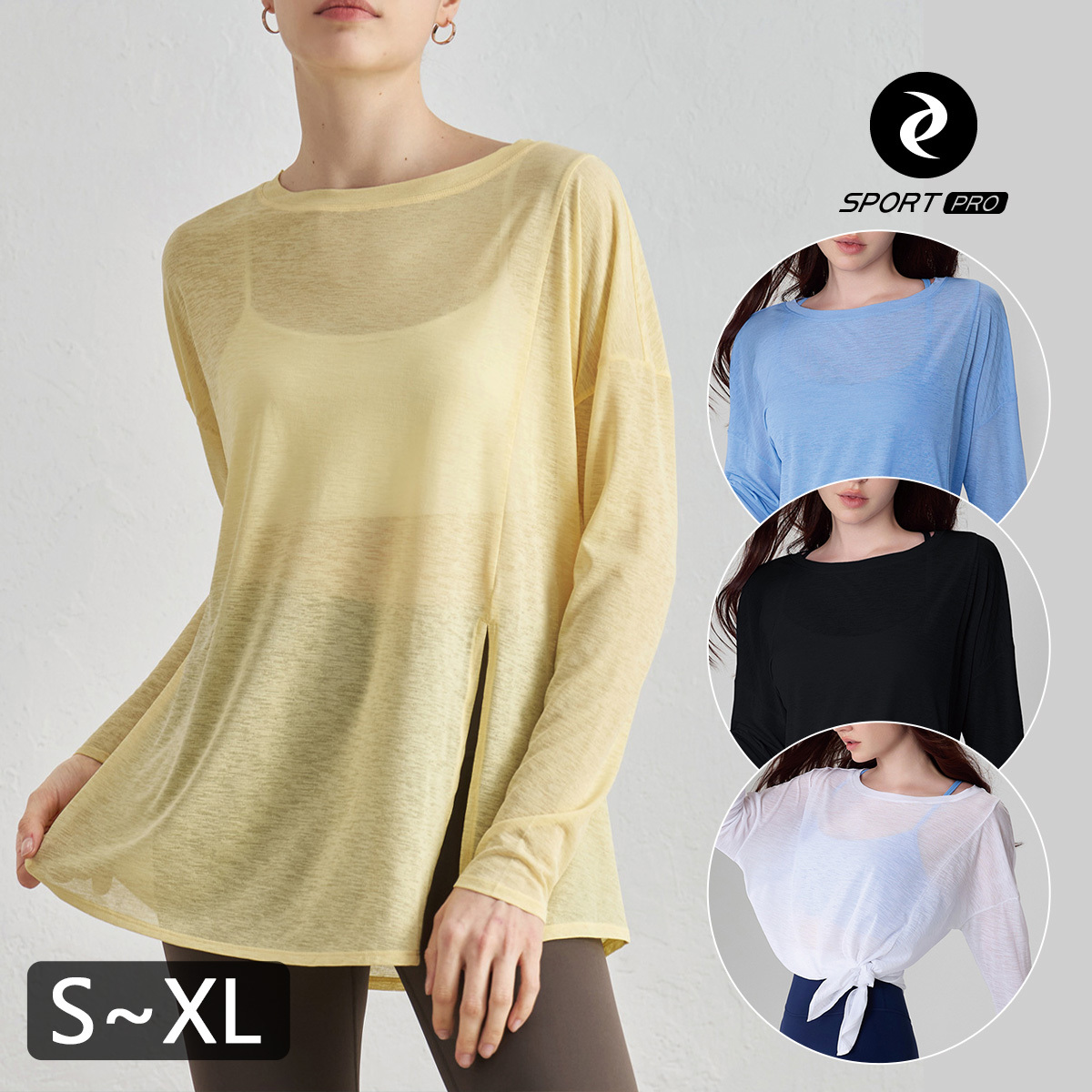 竹節紗寬鬆裸感圓領開叉瑜珈/運動/機能長袖