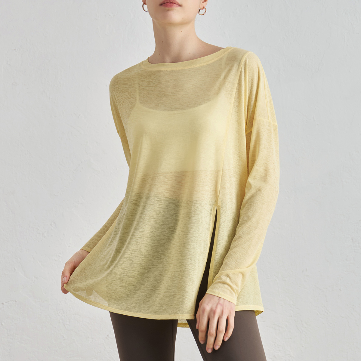 竹節紗寬鬆裸感圓領開叉瑜珈/運動/機能長袖