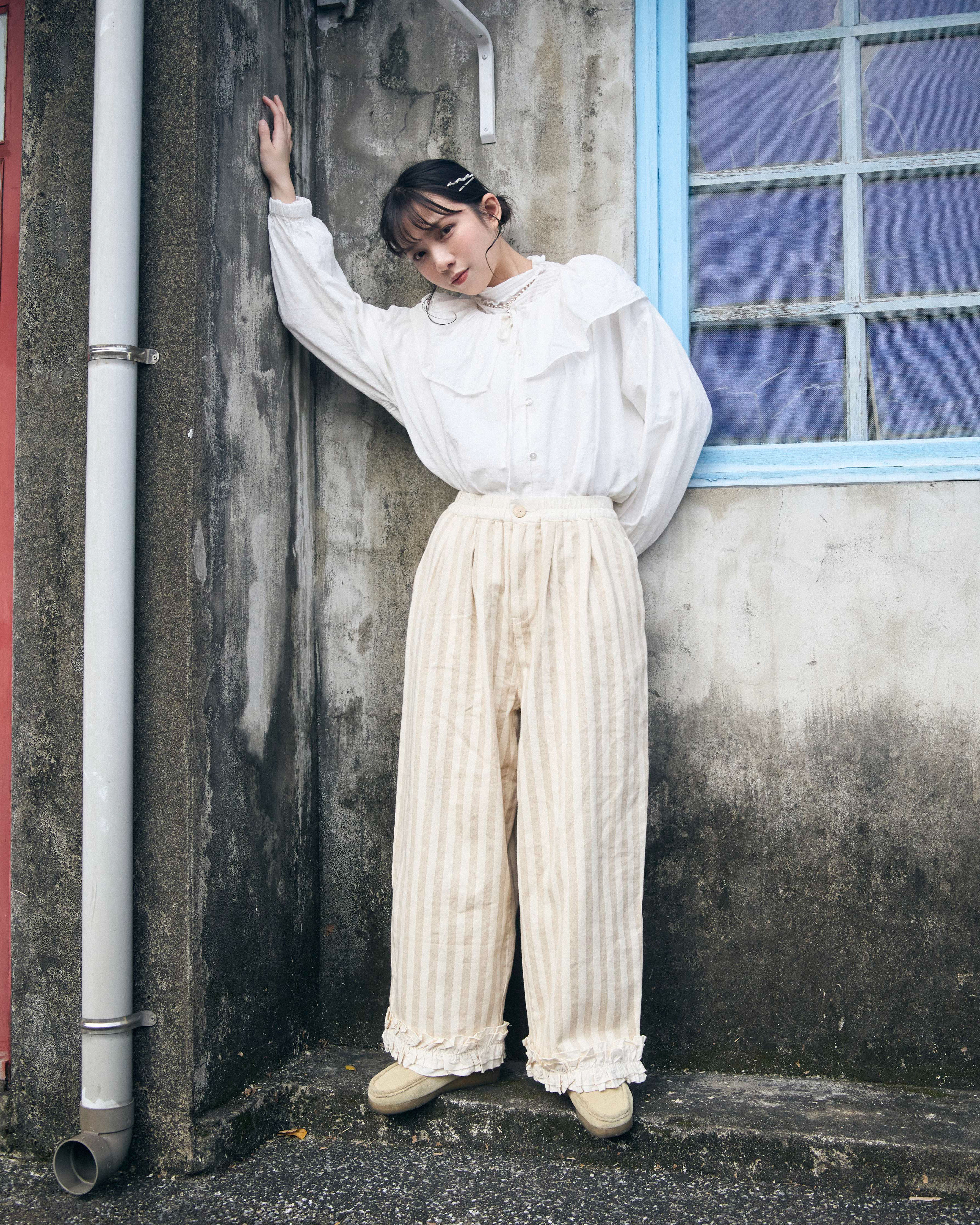 直紋斜布褶褶邊橡筋褲