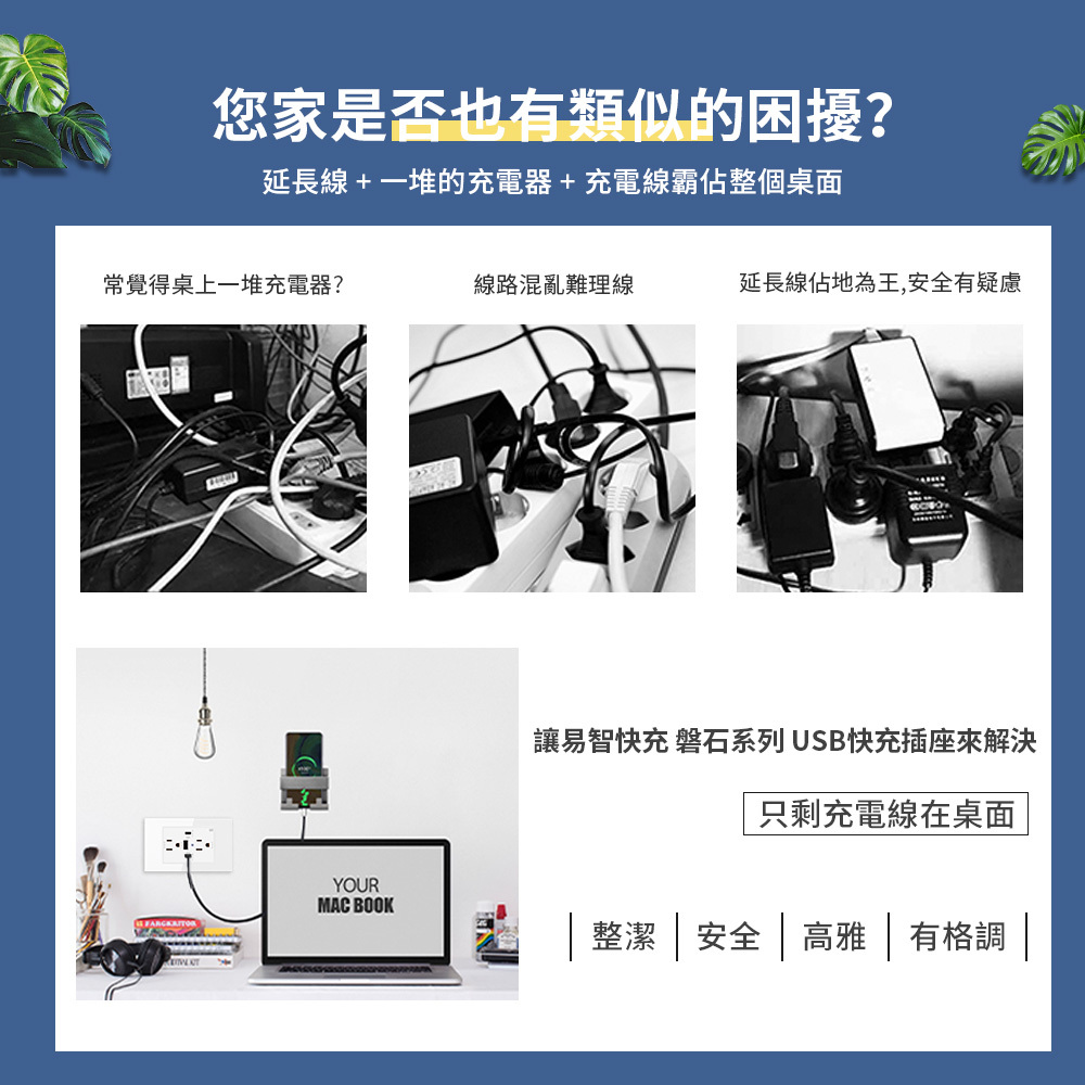 易智快充,高端系列-一體式65W USB快充插座-鋼化玻璃面板,家裡、辦公室、浴室、廚房,是否也有因為電線太多,造成雜亂的問題?讓易智快充USB快充插座,來找回原有的整潔、安全、簡約、典雅,平替國際牌 Panasonic Risna