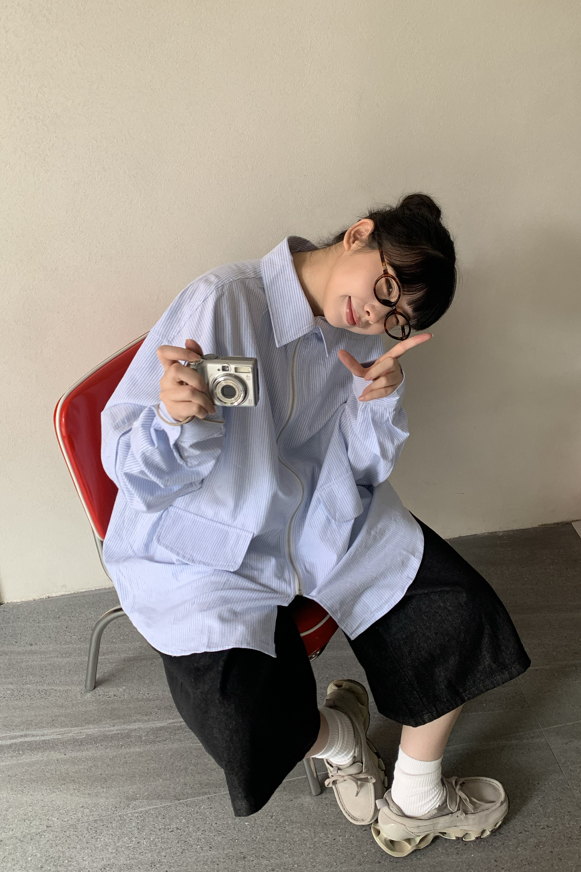 直條可拆袖拉鍊襯衫 2色