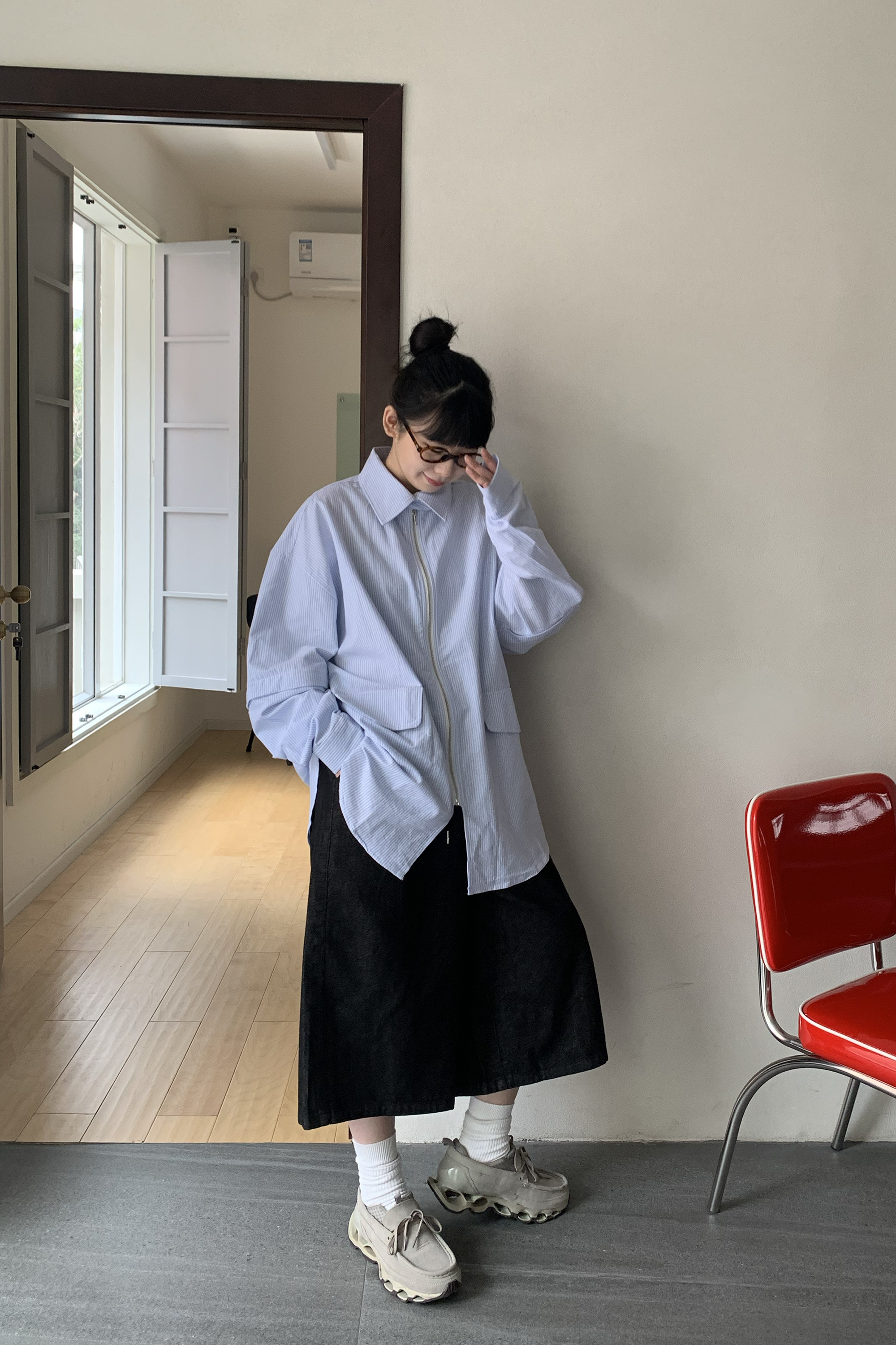 直條可拆袖拉鍊襯衫 2色