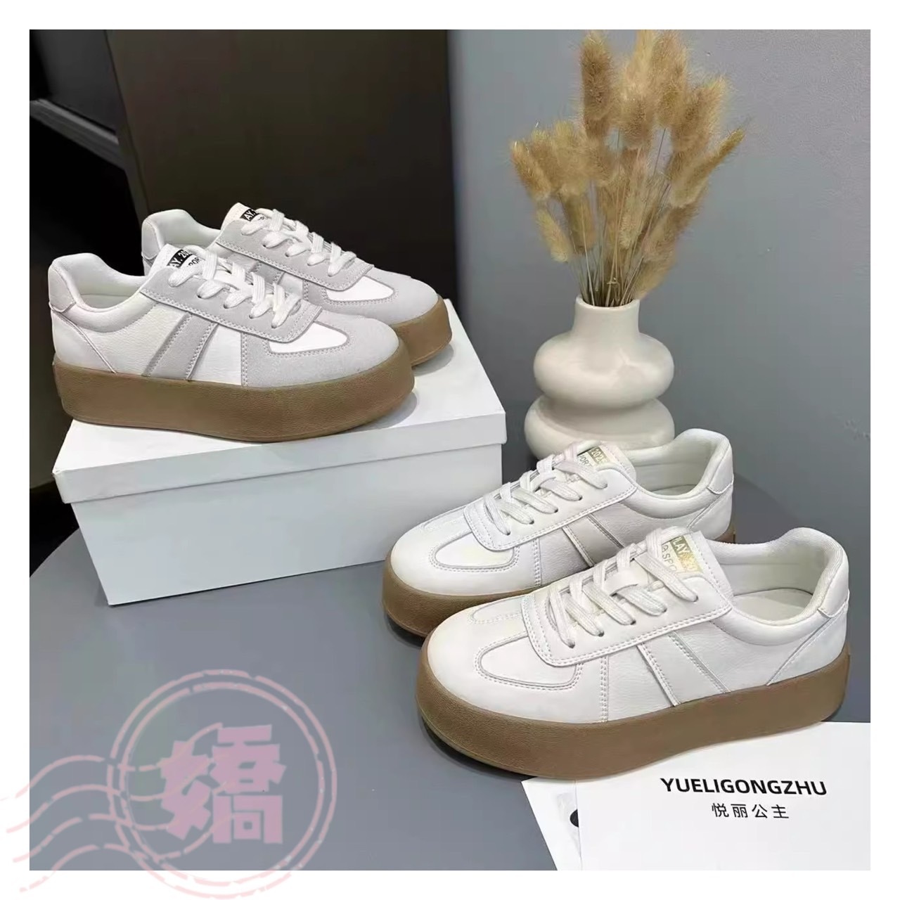 T27020復古德訓軟Q綁帶休閒鞋(灰'白)(225'230'235'240'245'250)