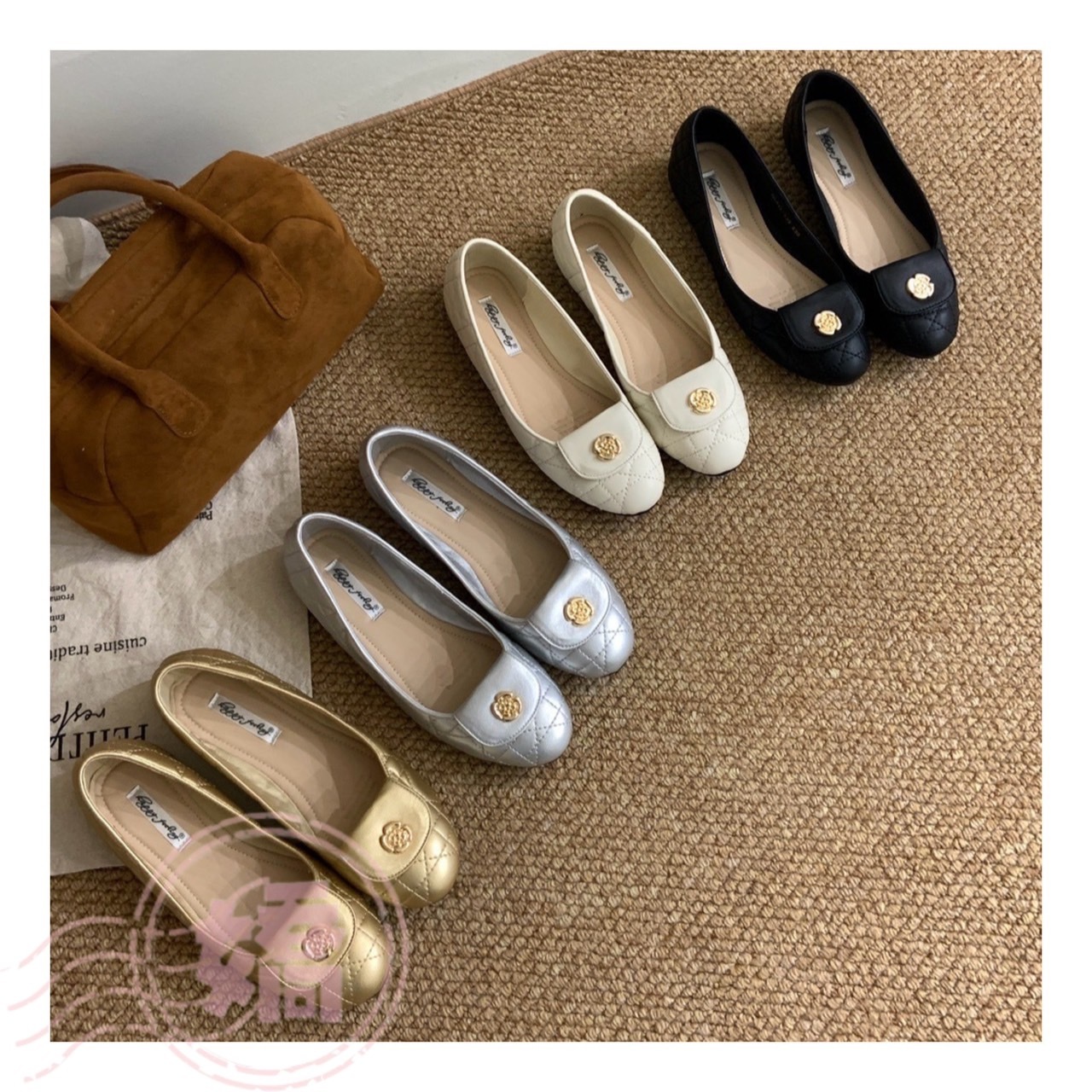 T27023菱格平底芭雷舞娃娃鞋(黑'米白'金'銀)(225'230'235'240'245'250)