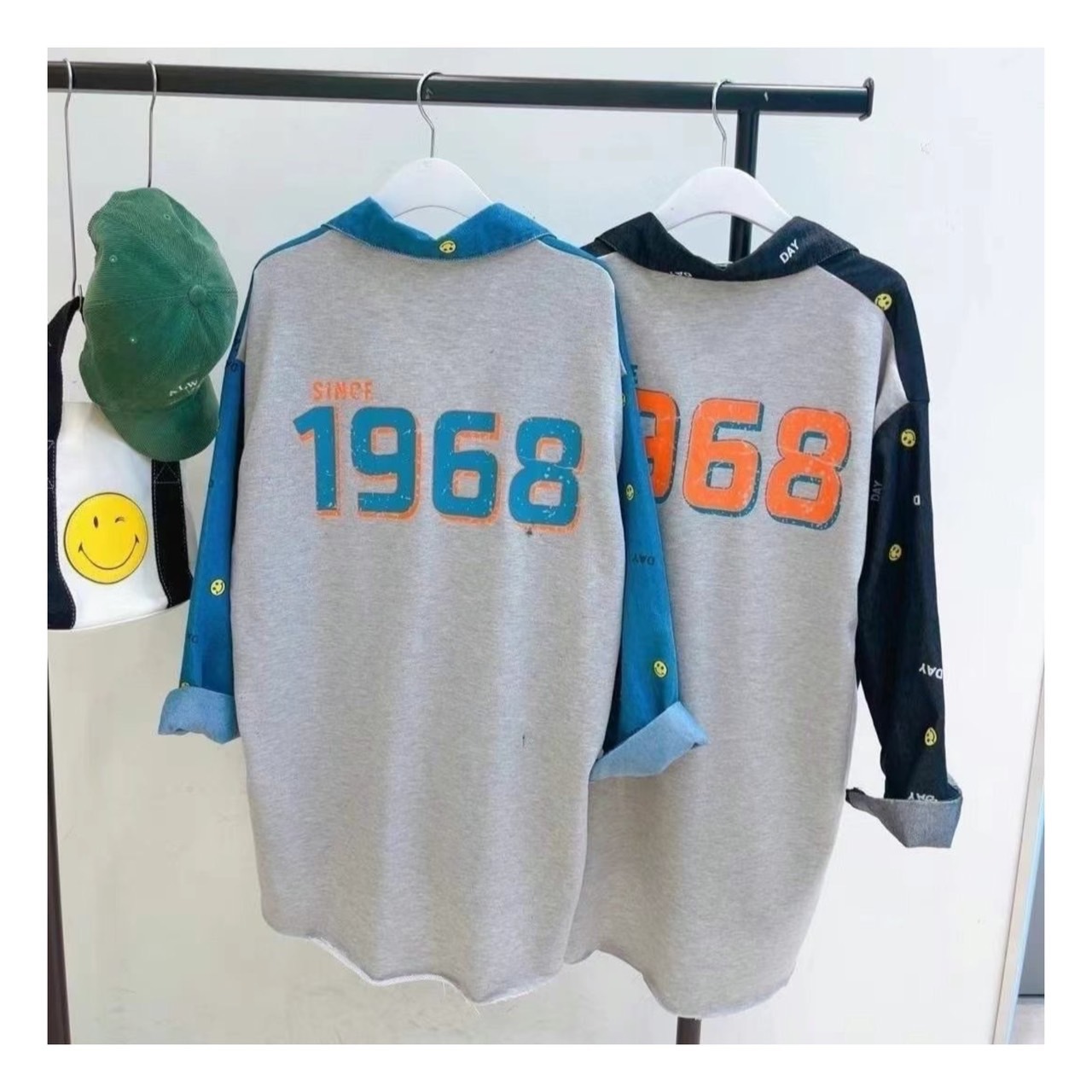 K15001滿版笑臉後拚1968襯衫(藍'黑)