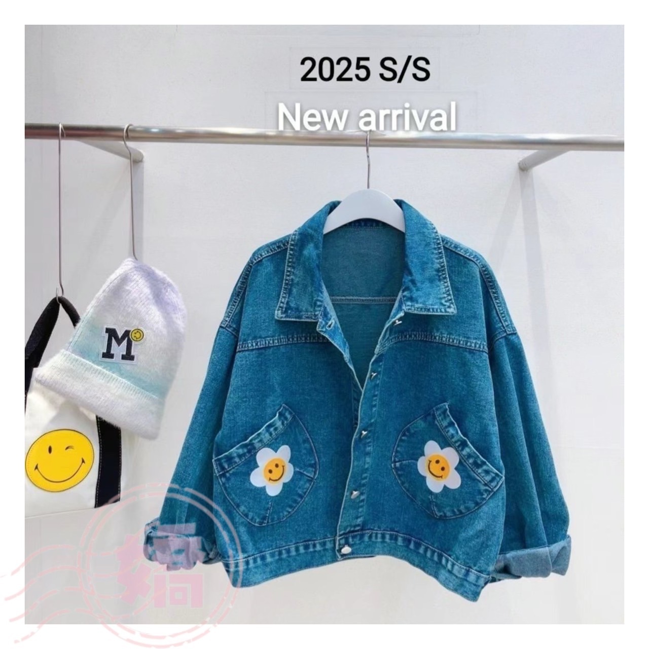 K15002口袋笑臉花短版牛仔襯衫(藍)