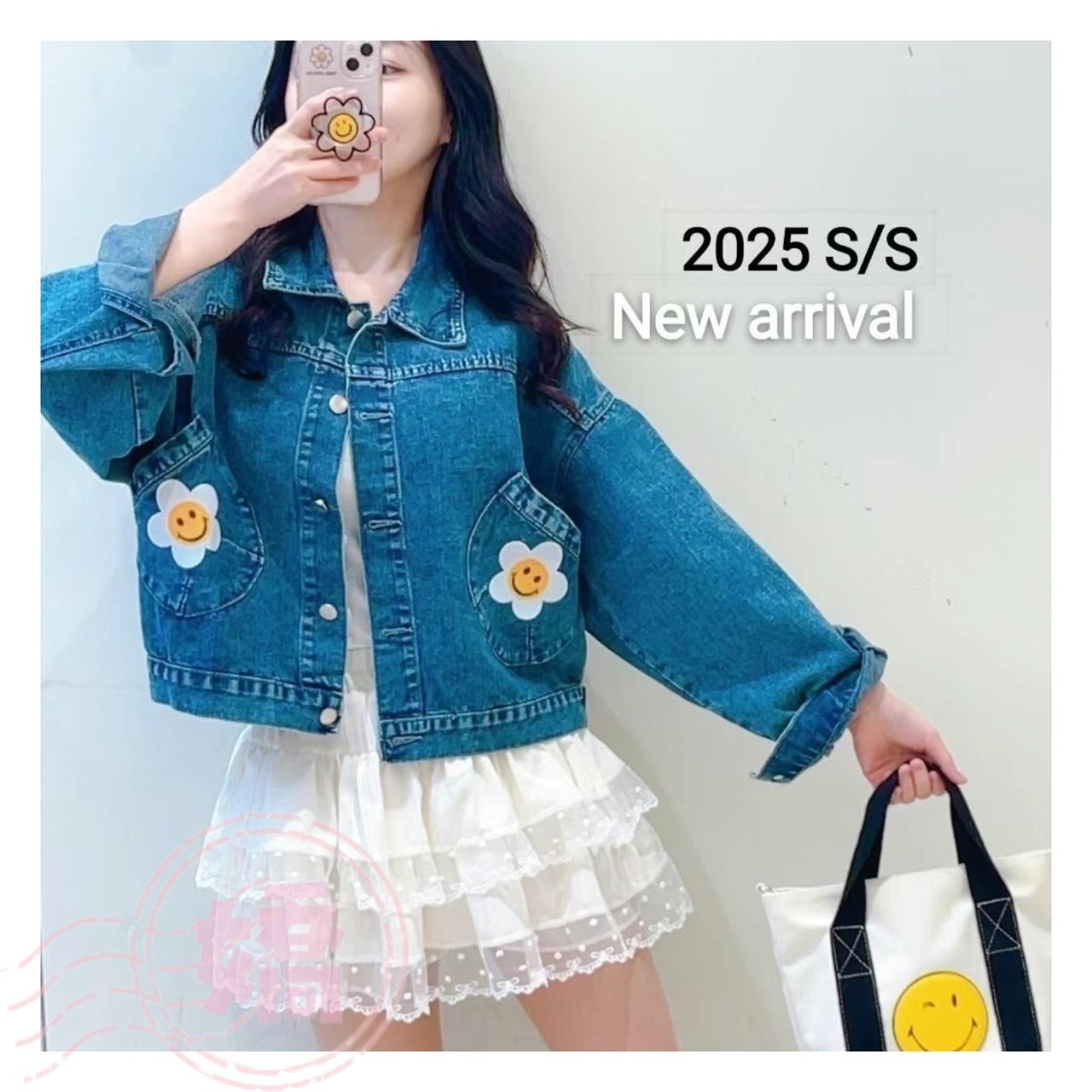 K15002口袋笑臉花短版牛仔襯衫(藍)