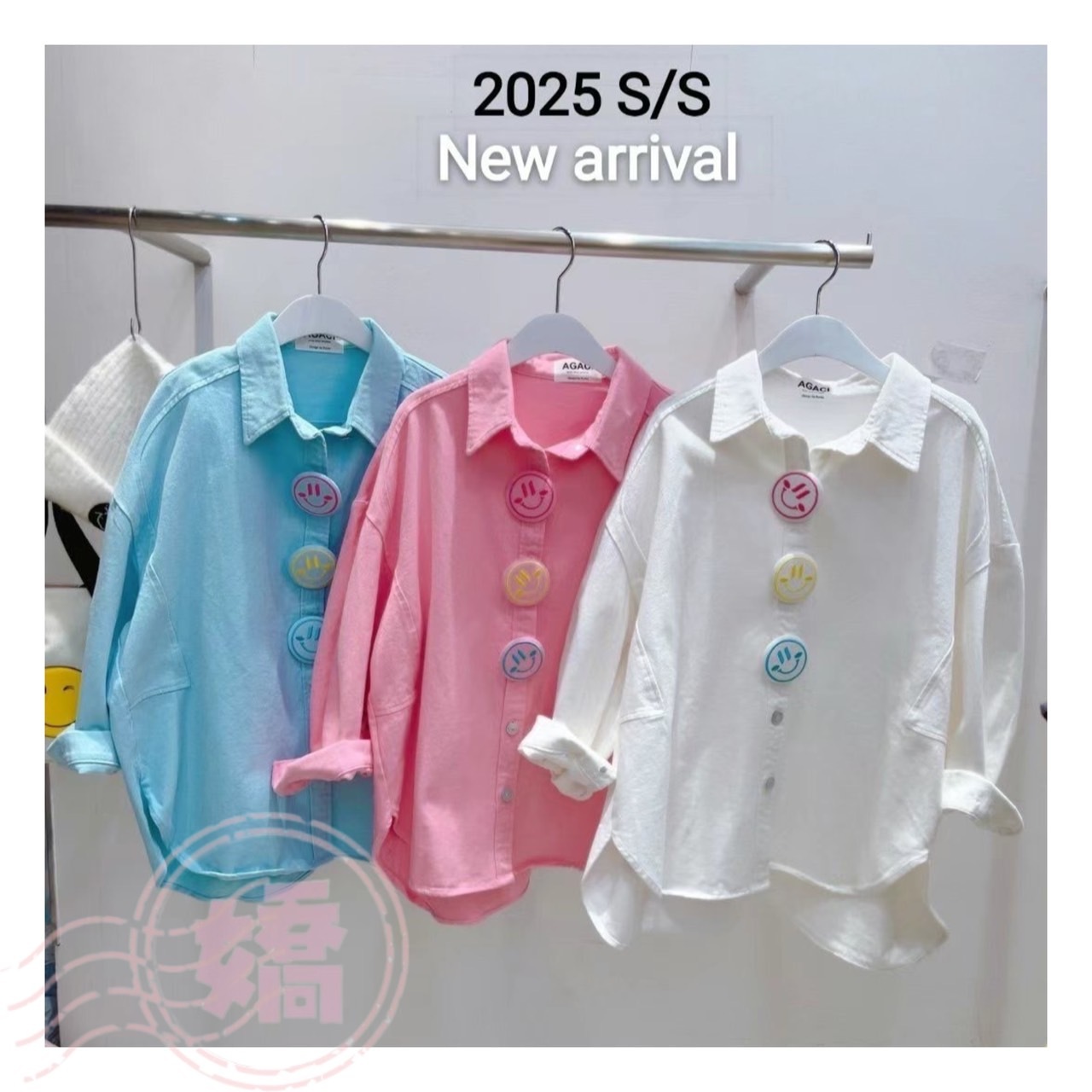 K15003刺繡彩色笑臉布扣襯衫(白'粉'藍)