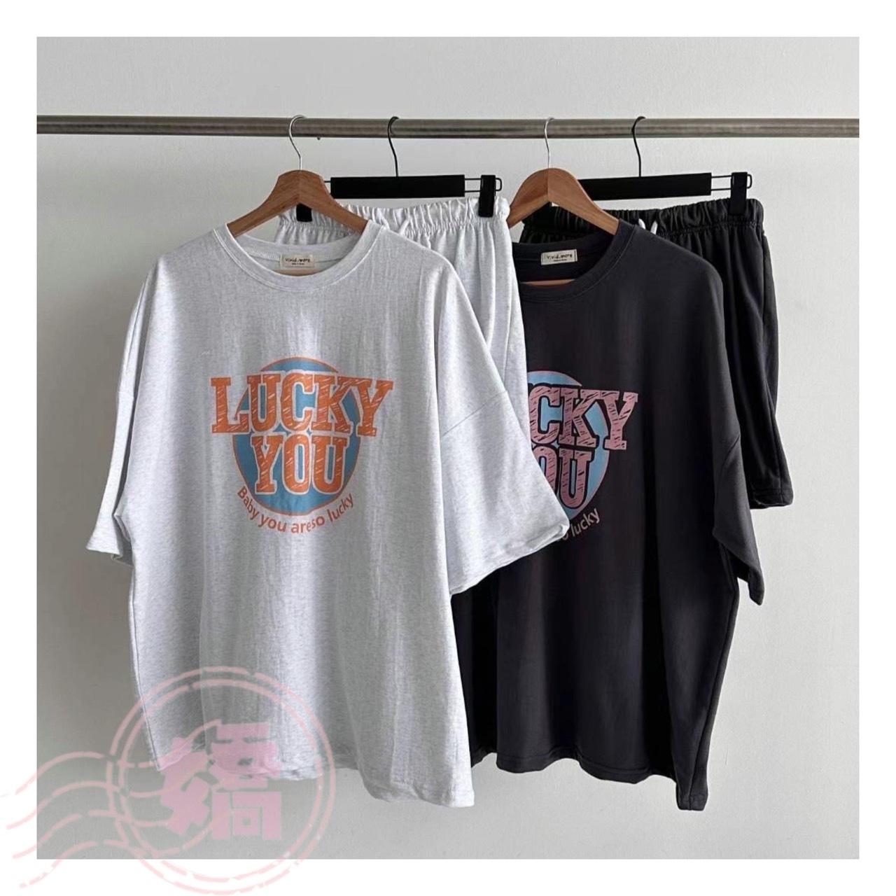 K16001幸運英字短袖短褲套裝(白'灰)