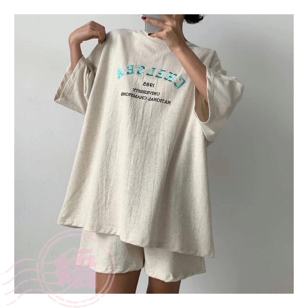 K16002撞色刺繡英字短袖短褲套裝(杏'藍'黑)