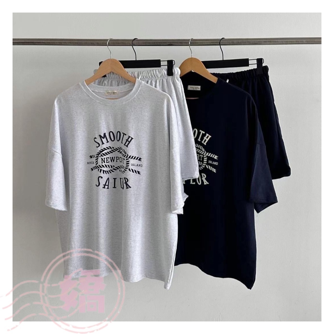 K16003繩索英字短袖短褲套裝(灰'藍)