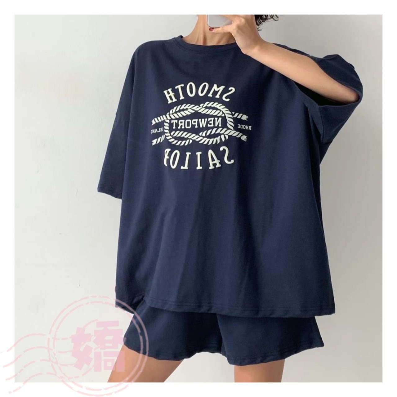 K16003繩索英字短袖短褲套裝(灰'藍)