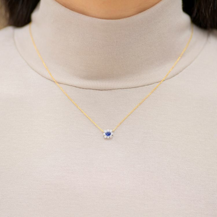 蛋面藍寶石鑽石18K雙色項錬