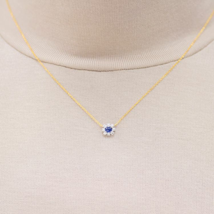 蛋面藍寶石鑽石18K雙色項錬