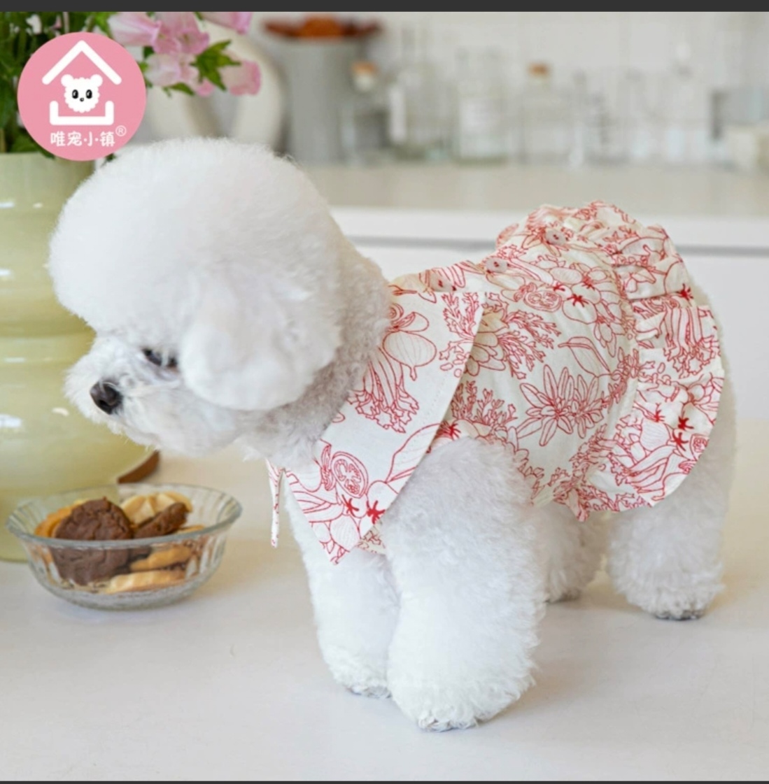 宠物衣服 复古印花裙 粉色