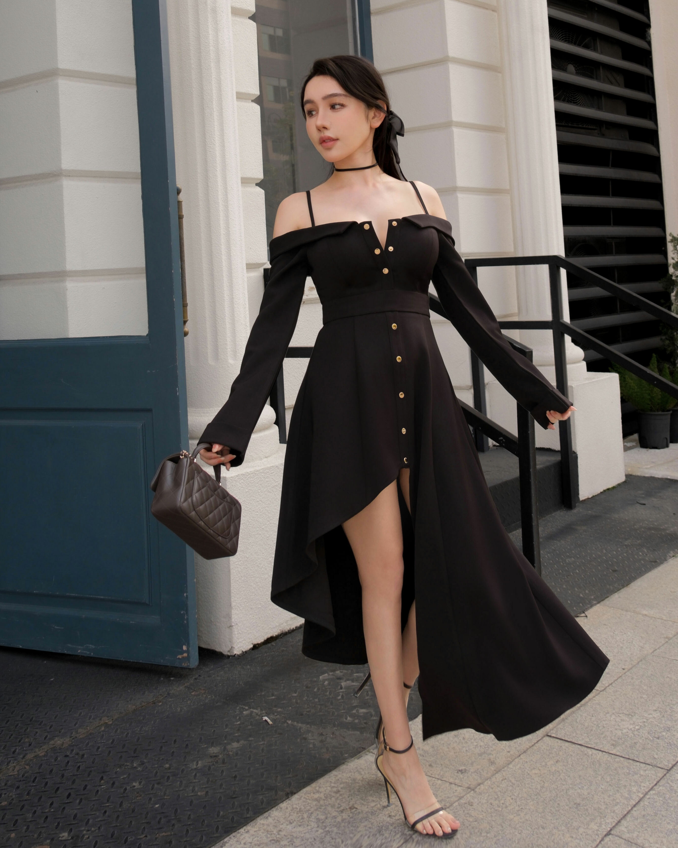 ⭒訂製-細肩一字領金釦不對稱長洋