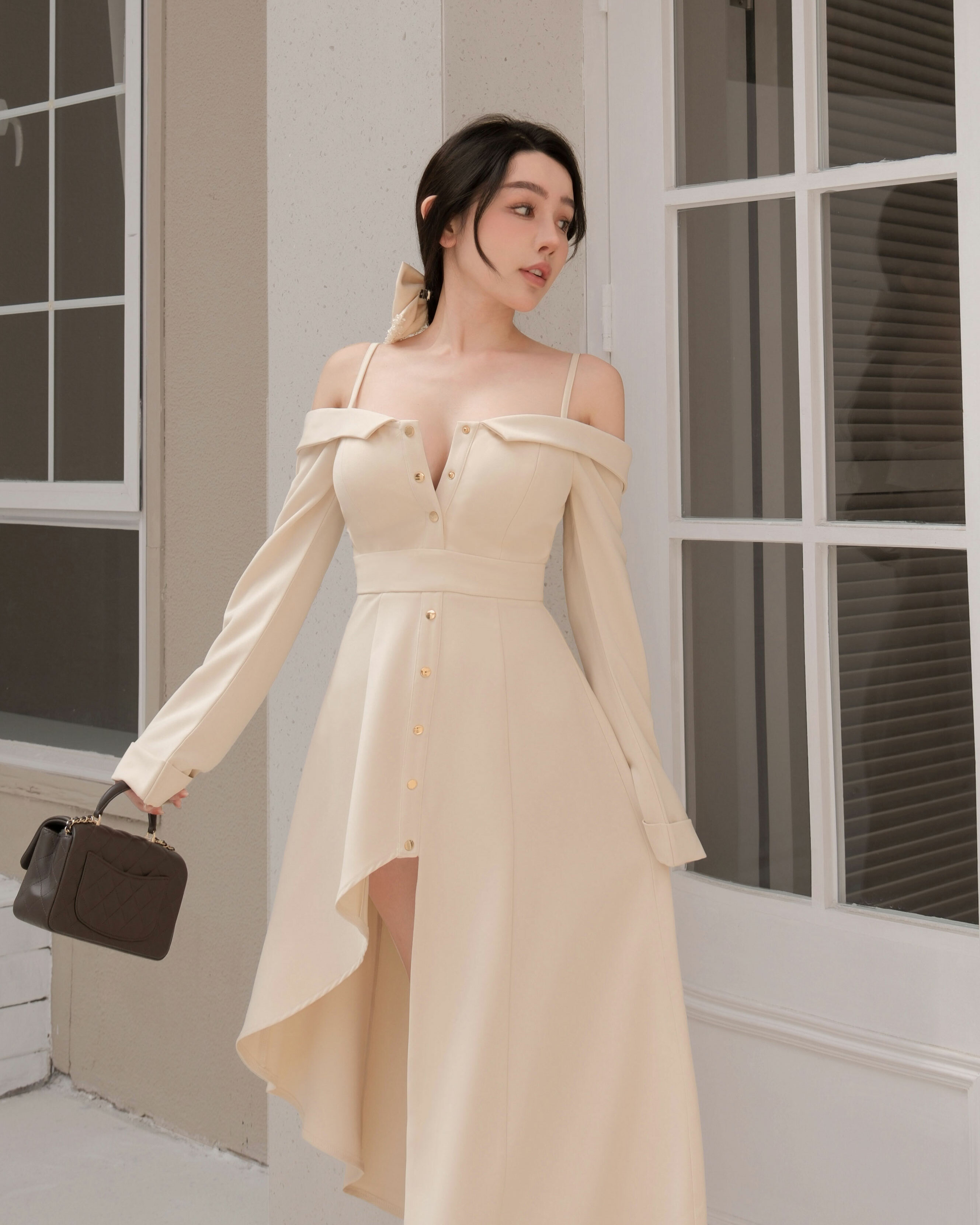 ⭒訂製-細肩一字領金釦不對稱長洋