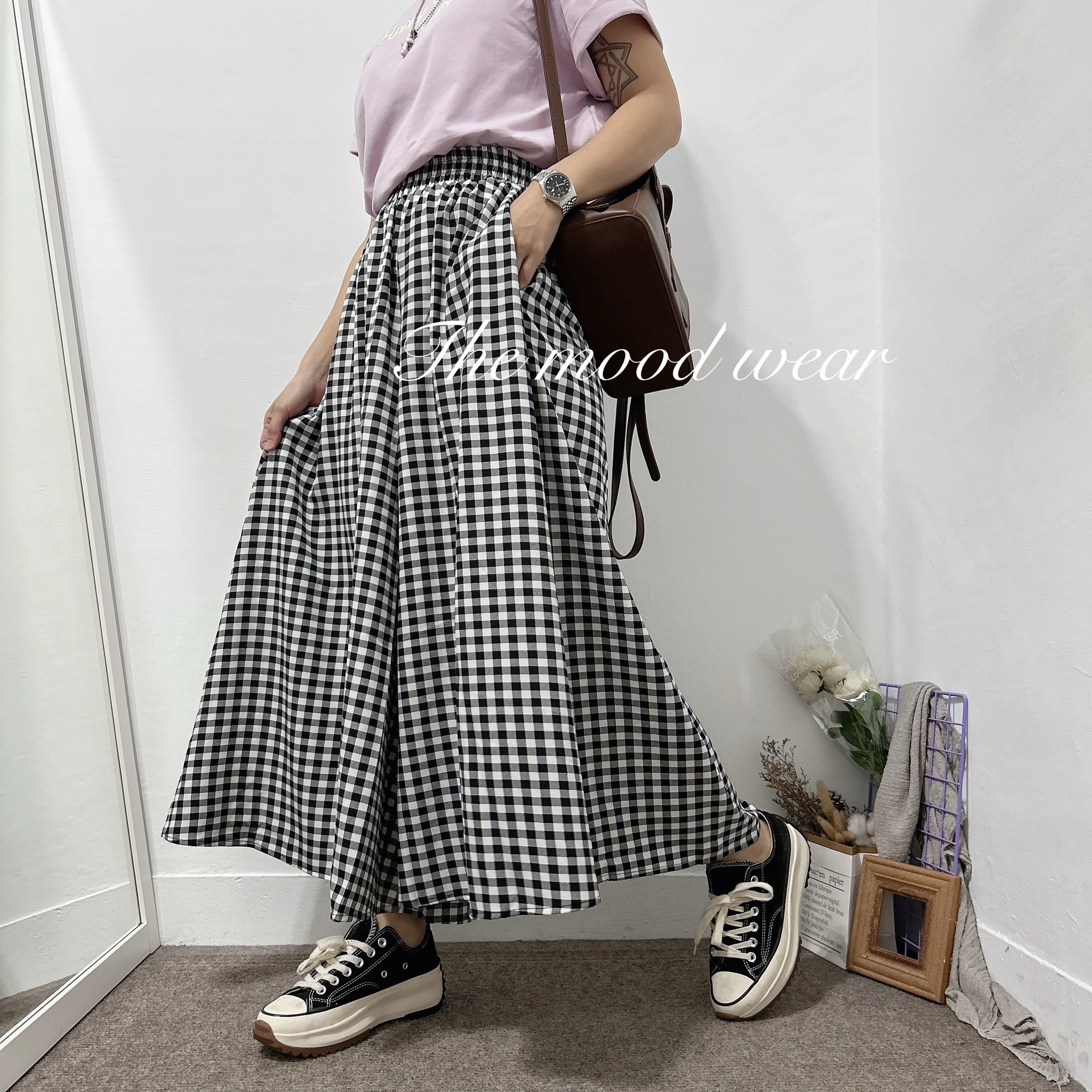 不挑女孩超彈力涼感格紋口袋寬褲裙褲裙