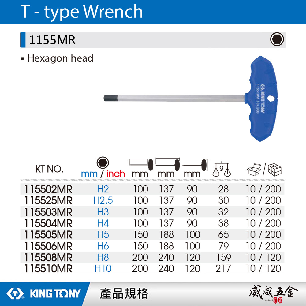 KING TONY 金統立 台灣製｜2-10mm T把六角扳手 內六角扳手 膠柄T型六角板手｜1155MR