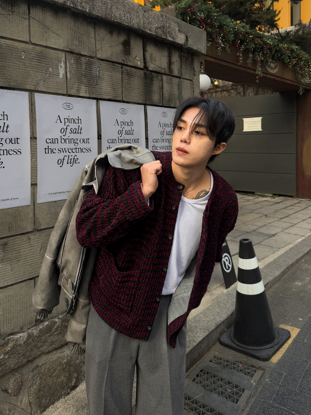 橫條紋短版針織開襟衫