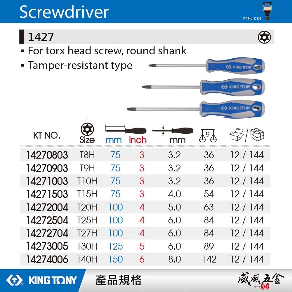 KING TONY 金統立｜T8-T40 六角星型中孔起子 星型中空螺絲起子 膠柄星型起子 中孔頭｜1427