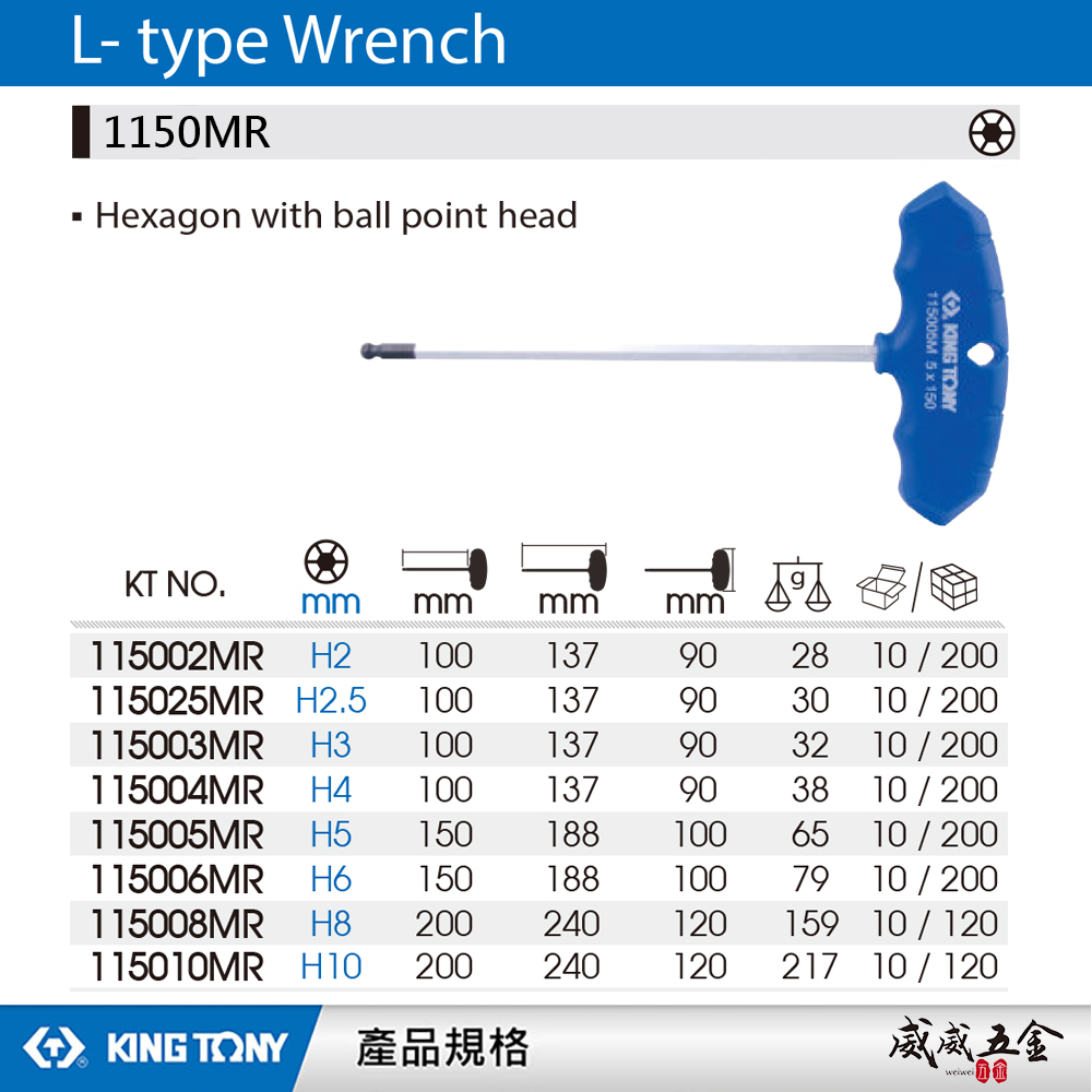 KING TONY 金統立｜T把球型內六角扳手 膠柄六角起子 T型球頭六角板手 2-10mm｜1150MR