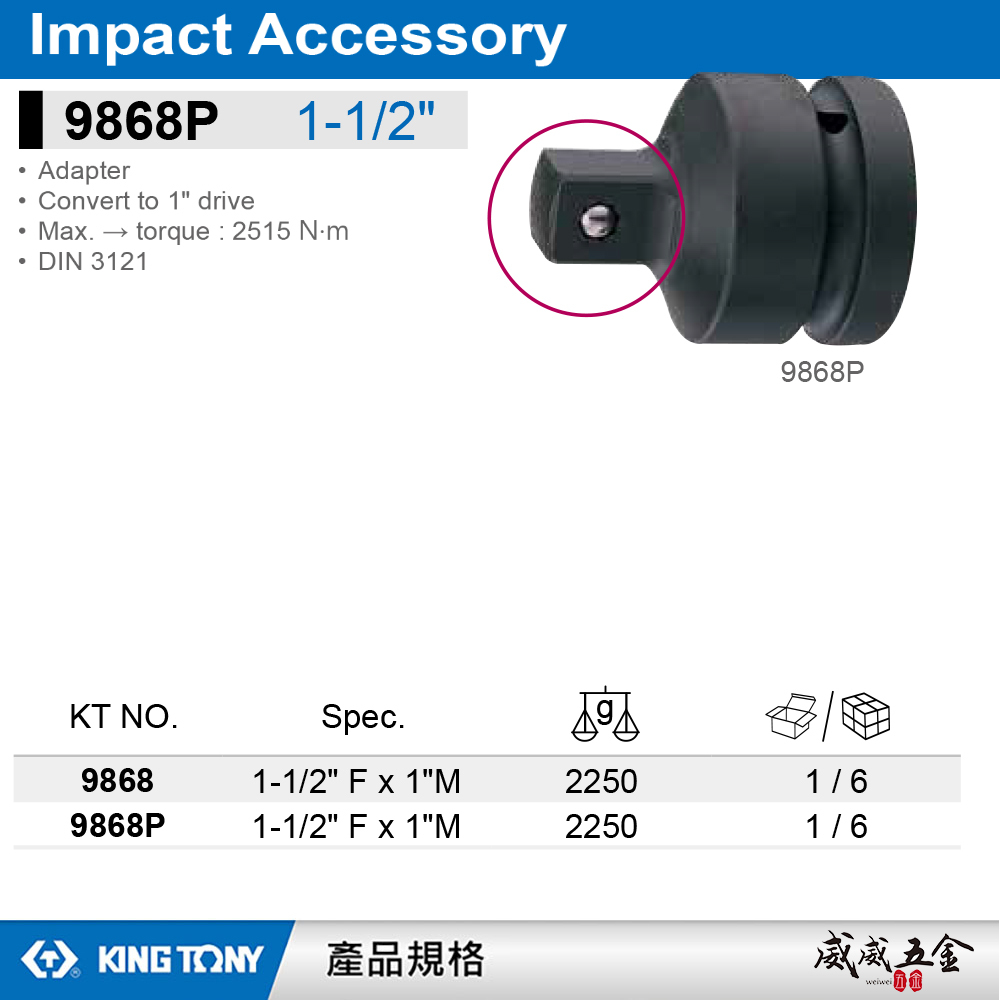 KING TONY 金統立｜9868P｜氣動套筒變頭  1-1/2"接頭 1-1/2"凹 x 1"凸 轉接頭