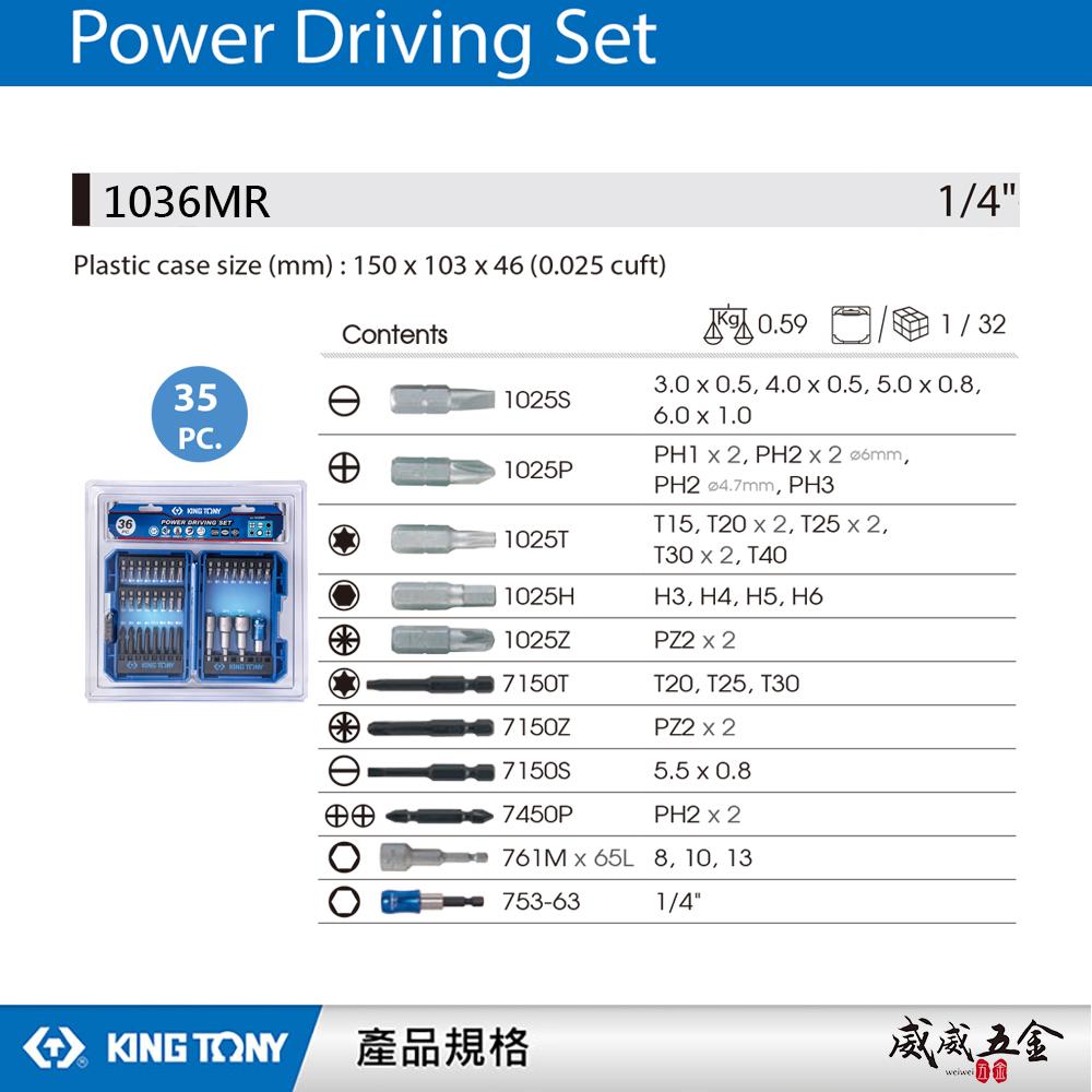 KING TONY 金統立 台灣製｜附收納盒套裝 36件式 六角柄套筒 短版 一字 起子頭組｜1036MR