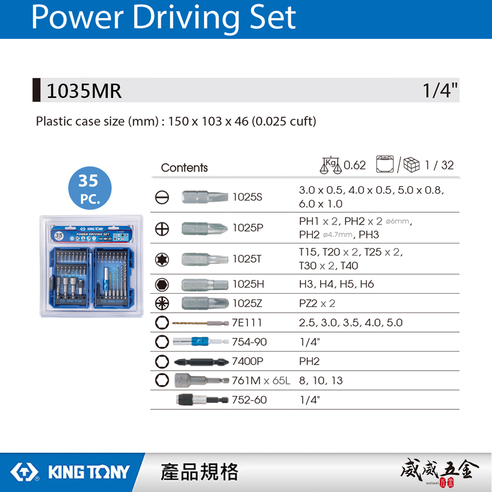 KING TONY 金統立 台灣製｜附盒套裝 35件式 六角柄套筒 六角軸鑽頭 多功能起子頭組｜1035MR