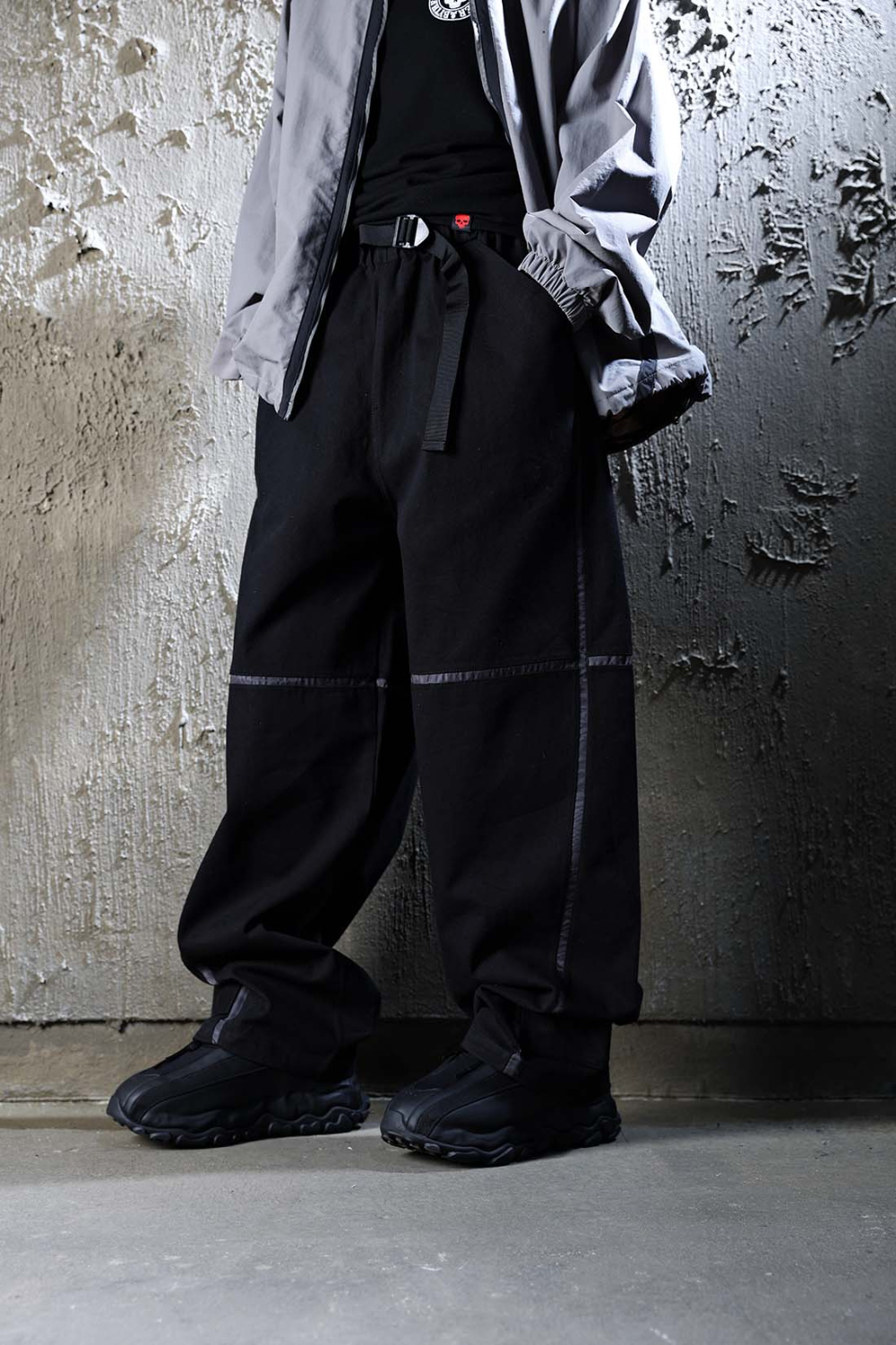 拼色線條腰帶魔鬼氈寬褲