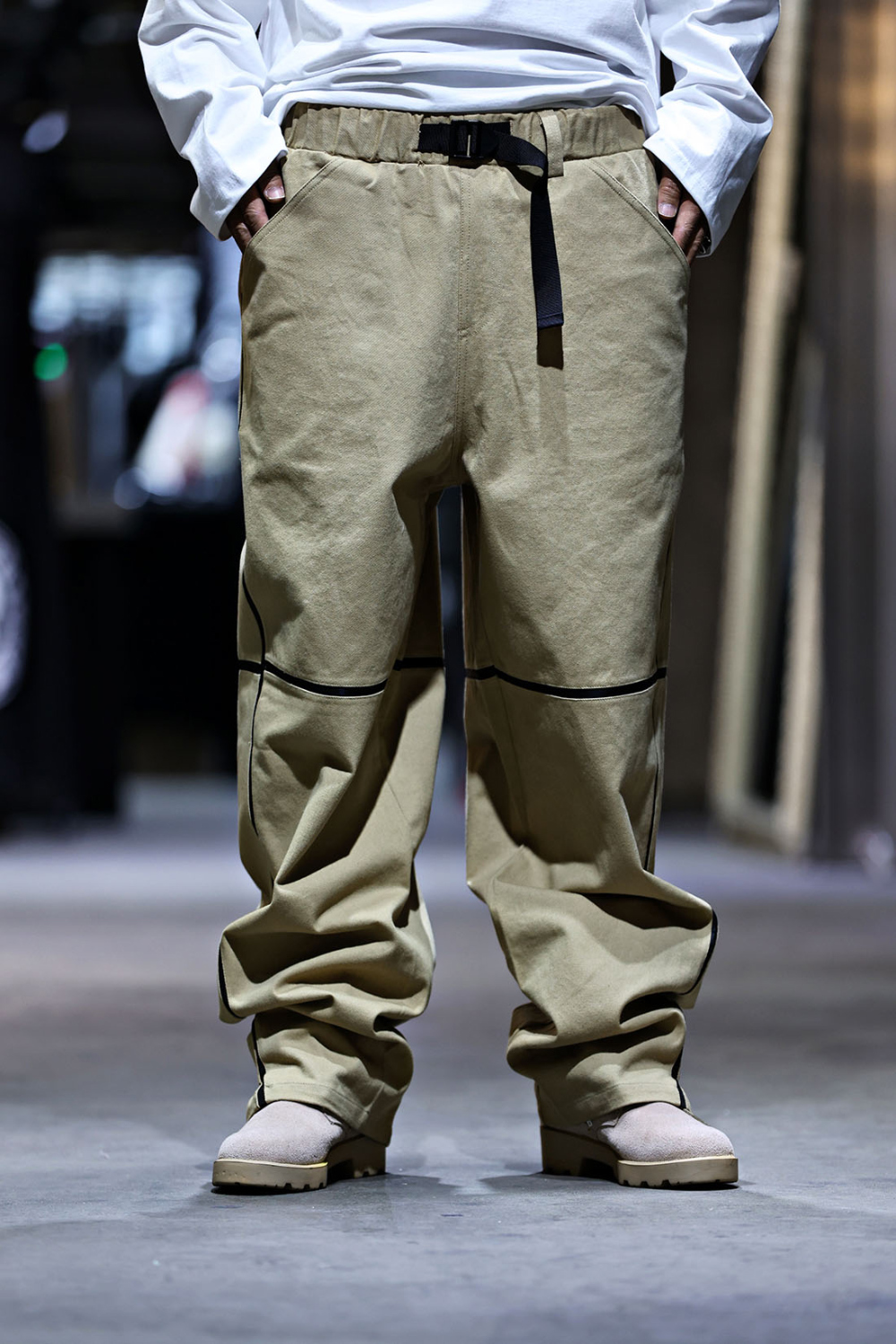 拼色線條腰帶魔鬼氈寬褲