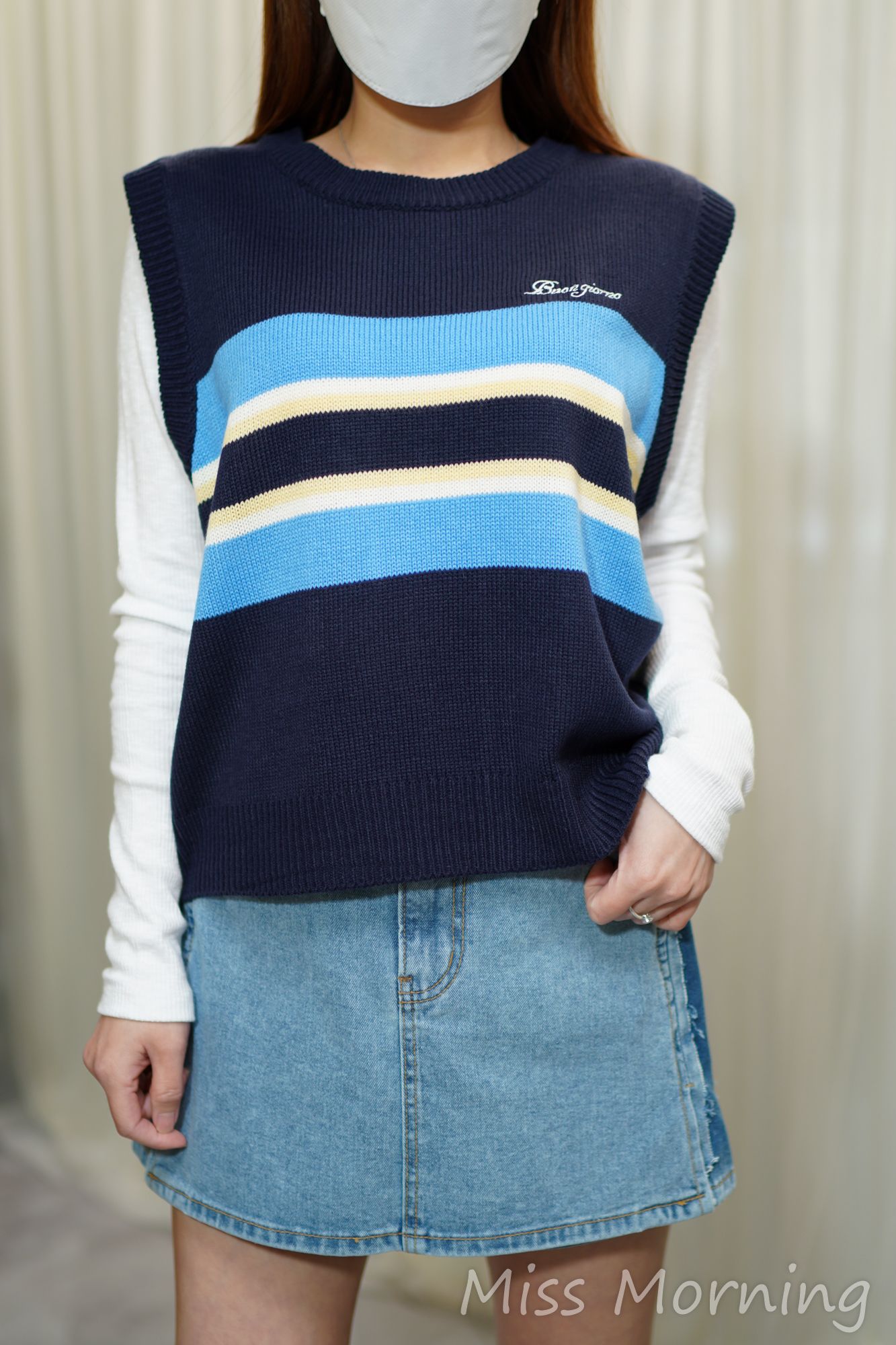 刺繡字拼色針織背心(14438)