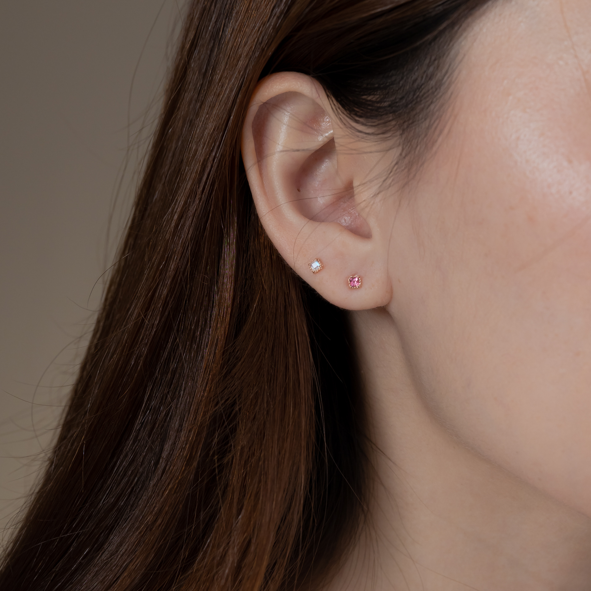 14K爪鑲小菱形粉碧璽轉珠耳環