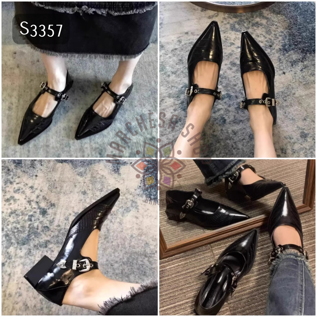 S3357 - 牛皮壓紋一字扣帶低踭鞋