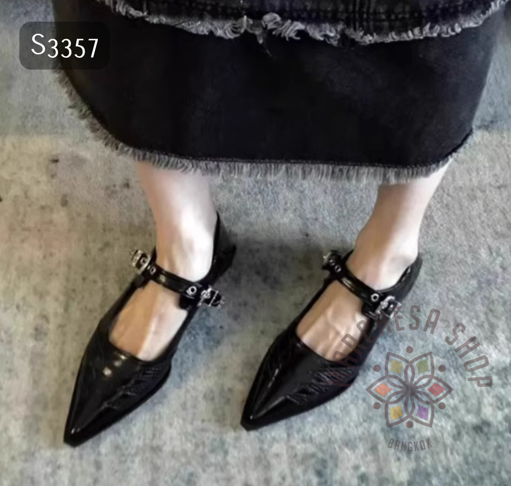 S3357 - 牛皮壓紋一字扣帶低踭鞋