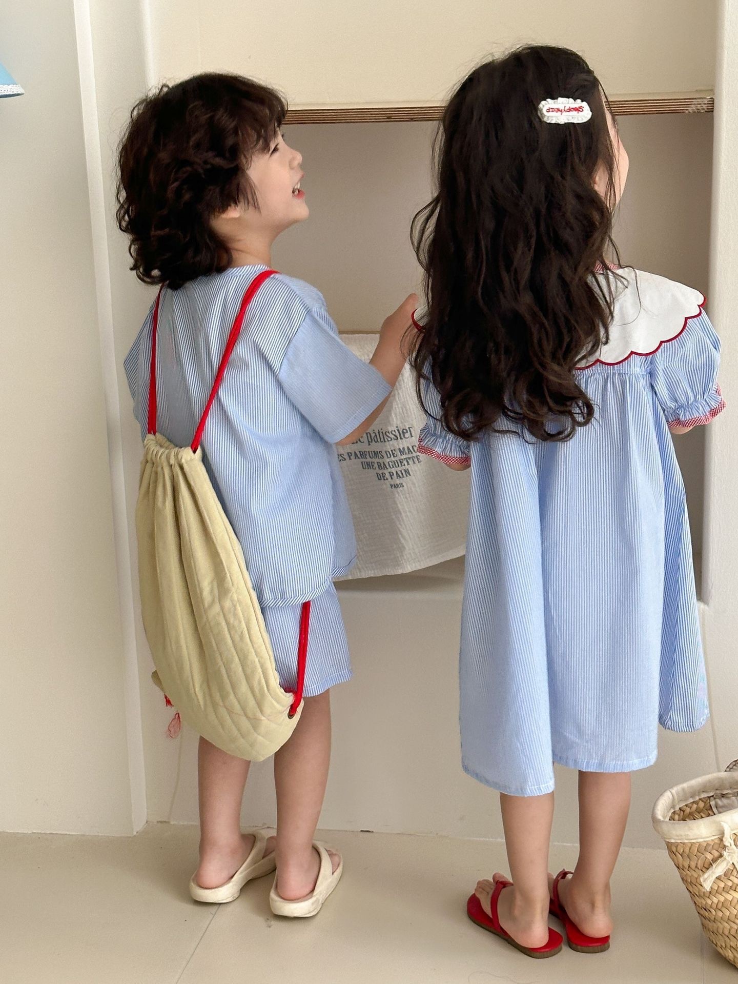 兄弟姐妹一起穿_寶寶藍蘋果直條套裝/洋裝