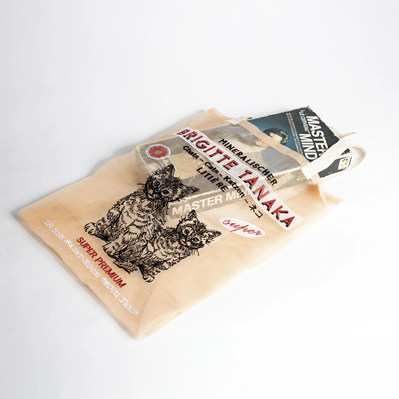 Brigitte Tanaka 貓咪刺繡烏干紗提袋(桃粉)