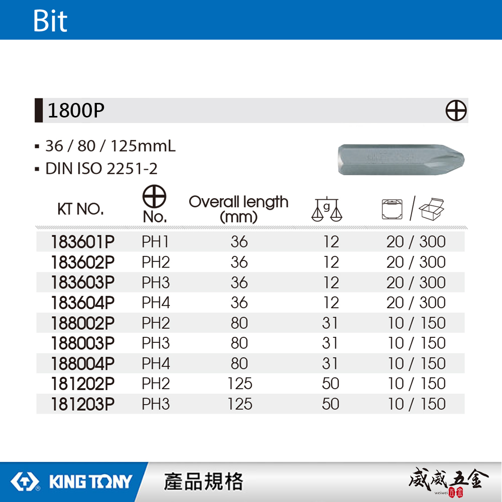 KING TONY 金統立 台灣製｜5/16" 打擊十字起子頭 長36/80/125mm 十字頭｜1800P