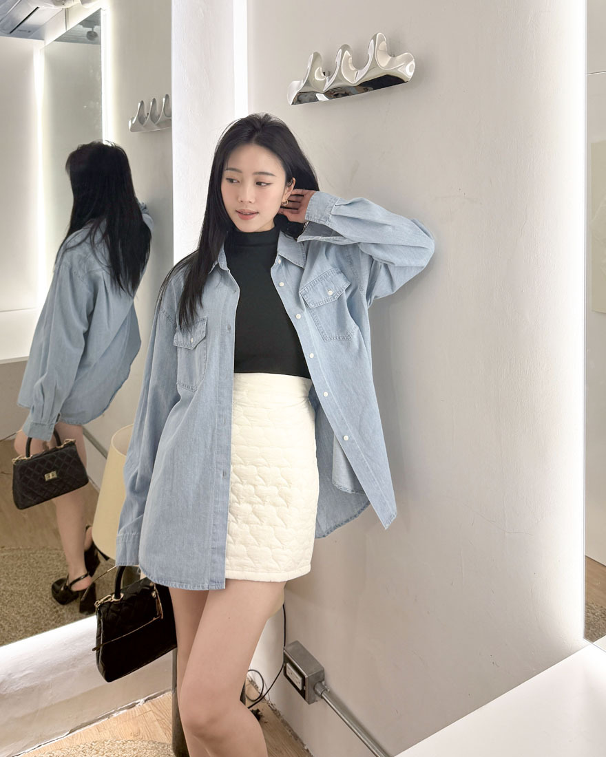 LINA LINA街頭歐膩口袋造型排釦牛仔襯衫-藍
