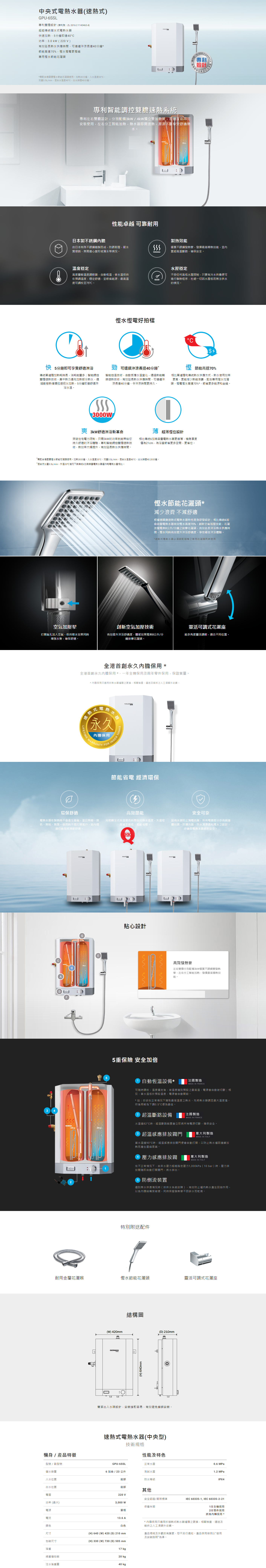 速熱式電熱水器, 中央型, 電熱水爐, 專利雙膽設計, 有效延長熱水供應時間，可連續沖涼長達40分鐘