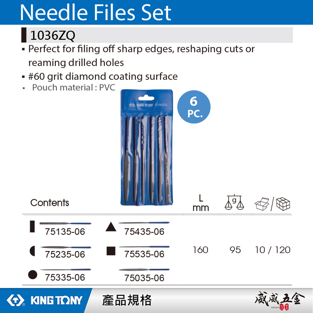 KING TONY 金統立 台灣製｜附收納套銼刀組 5支組 方型長方型圓形三角半圓形 精密加工｜1036ZQ