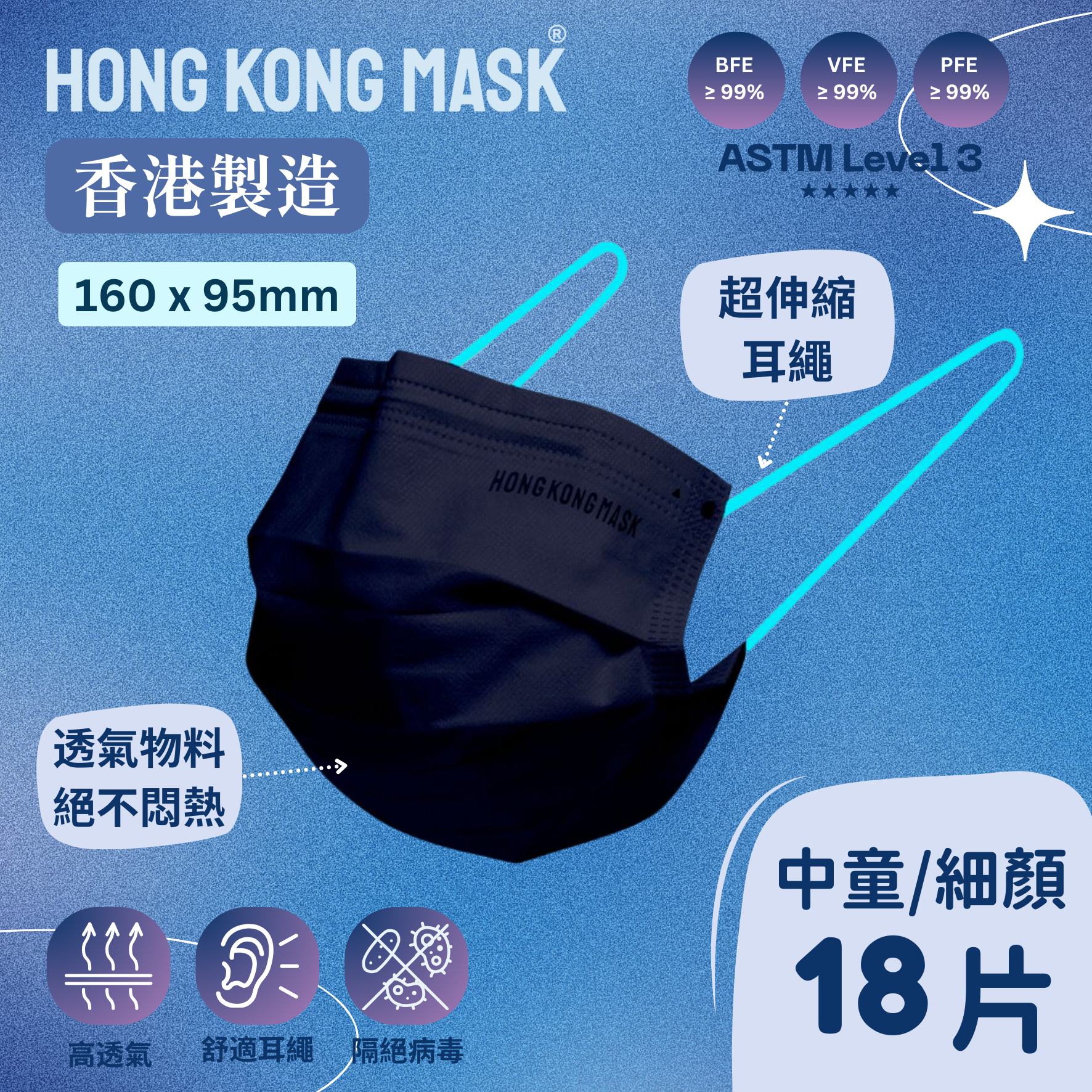 女士/中童口罩 (18片裝) - 深藍色 - 160mm x 95mm【香港製造】