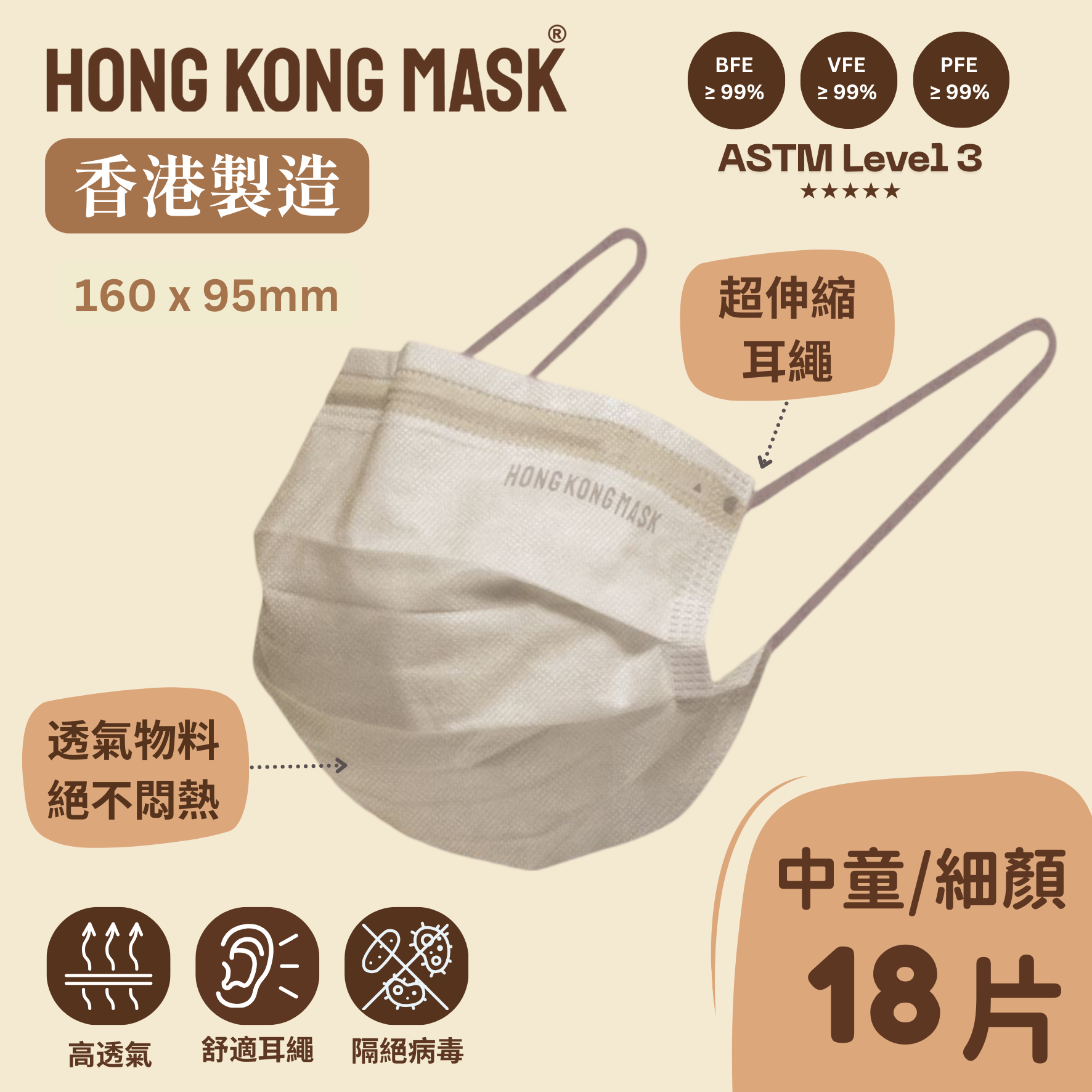 女士/中童口罩 (18片裝) - 樸素米色 - 160mm x 95mm【香港製造】