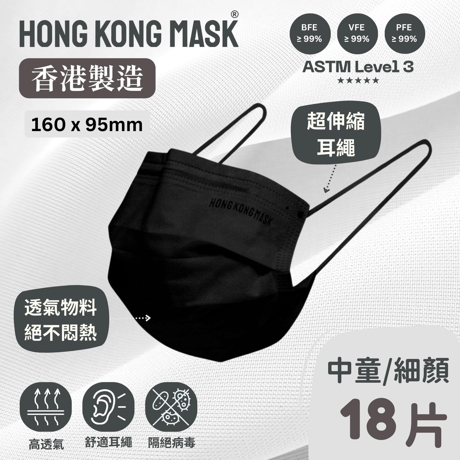 女士/中童口罩(18片裝) - 黑色 - 160mm x 95mm【香港製造】