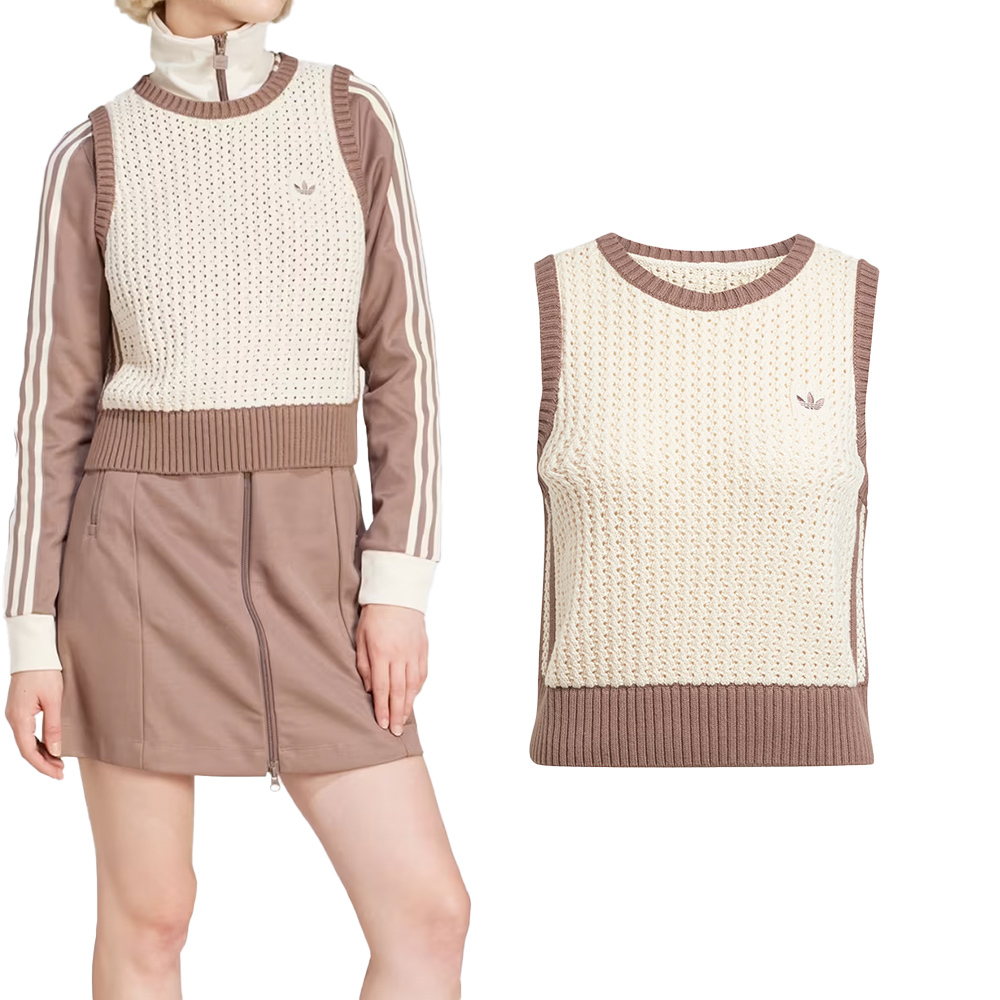 Adidas Knitted Vest 女款 米白色 學院風 圓領 針織 運動 三葉草 亞規 休閒 背心 JD0904