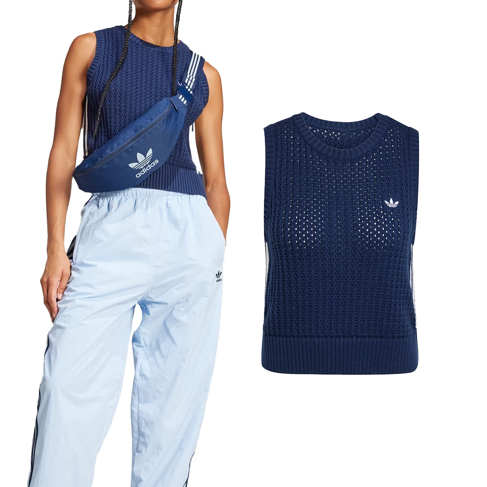 Adidas Knitted Vest 女款 深藍色 學院風 圓領 針織 運動 三葉草 亞規 休閒 背心 JD0903