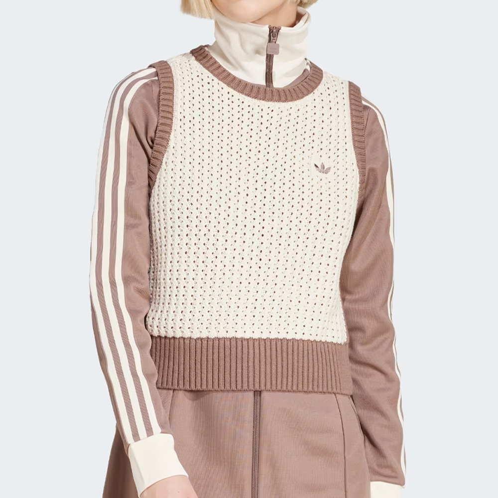 Adidas Knitted Vest 女款 米白色 學院風 圓領 針織 運動 三葉草 亞規 休閒 背心 JD0904