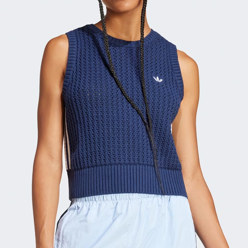 Adidas Knitted Vest 女款 深藍色 學院風 圓領 針織 運動 三葉草 亞規 休閒 背心 JD0903