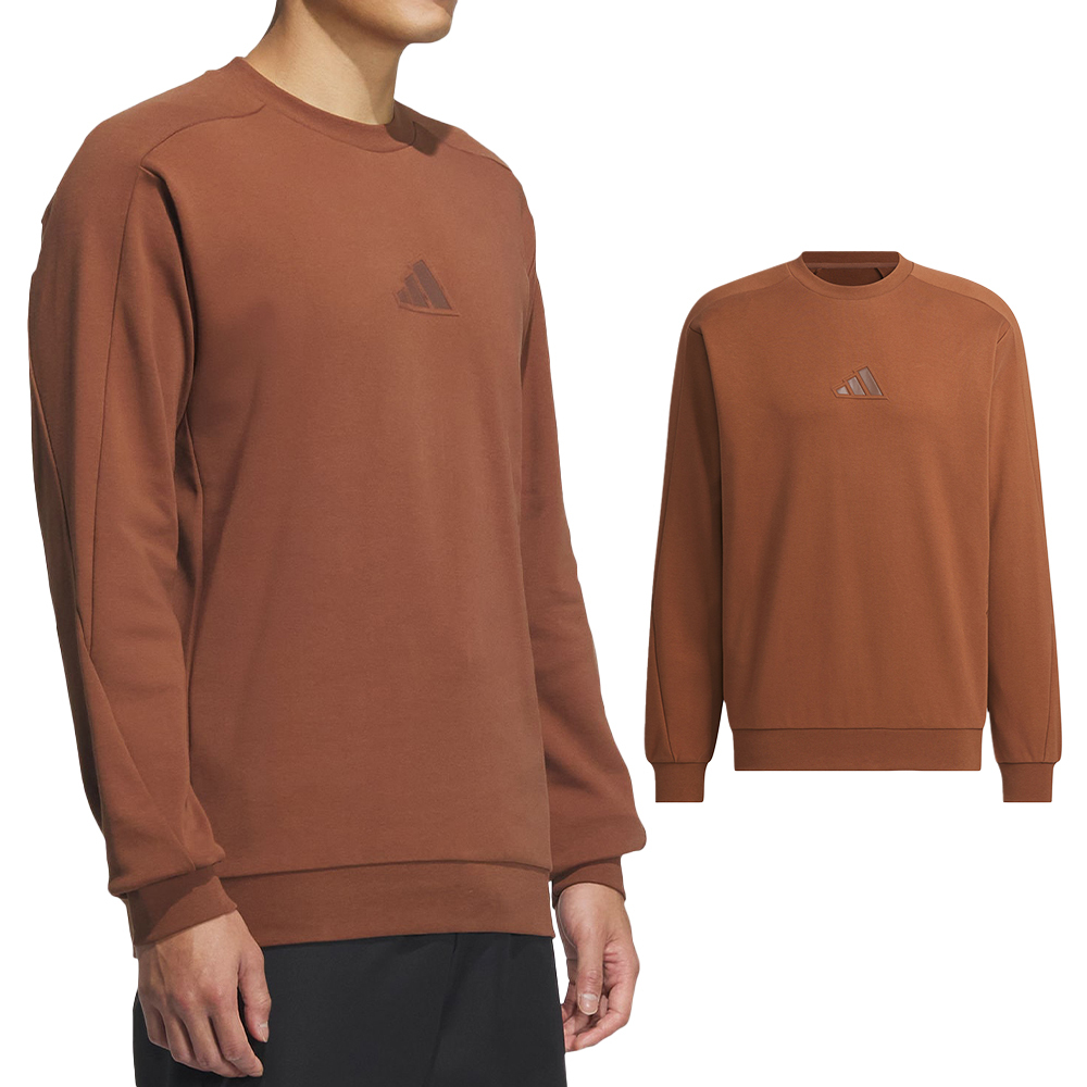 Adidas TH MH Logo SWT 男款 棕色 圓領 棉質 上衣 大學T 運動 休閒 長袖 JZ8421