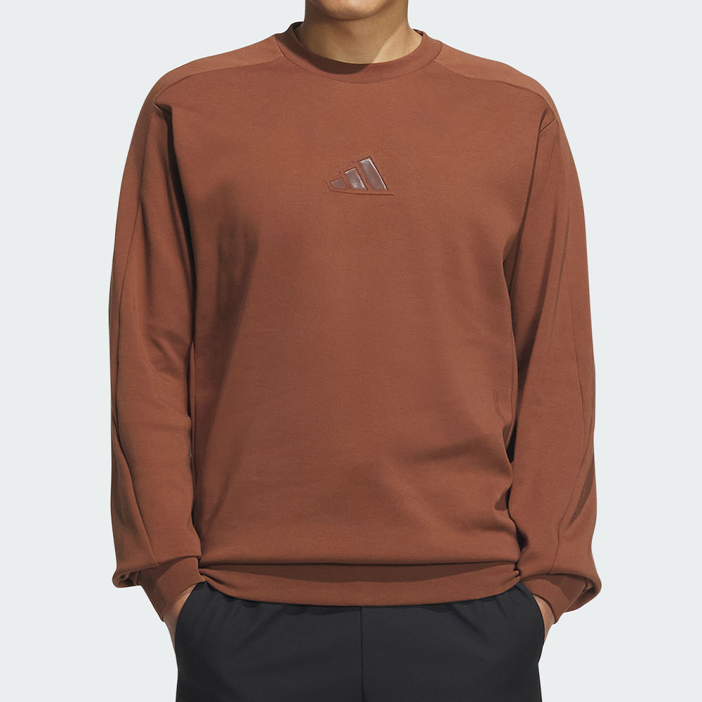Adidas TH MH Logo SWT 男款 棕色 圓領 棉質 上衣 大學T 運動 休閒 長袖 JZ8421